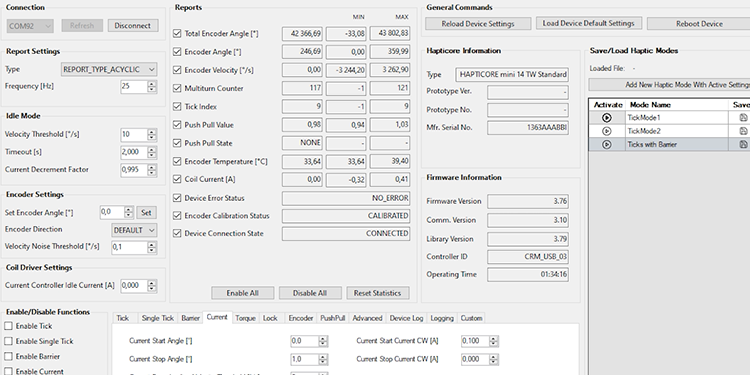 The image shows an excerpt of the available features and settings of the HAPTICORE Customer Test App.